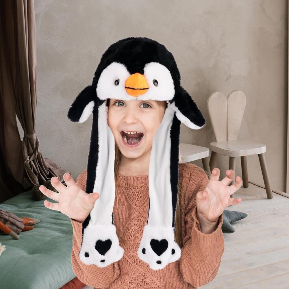 Kids Penguin Animal Hat with Ears Moving Jumping Pop Up Beating Plush Holiday - Picture 5 of 6